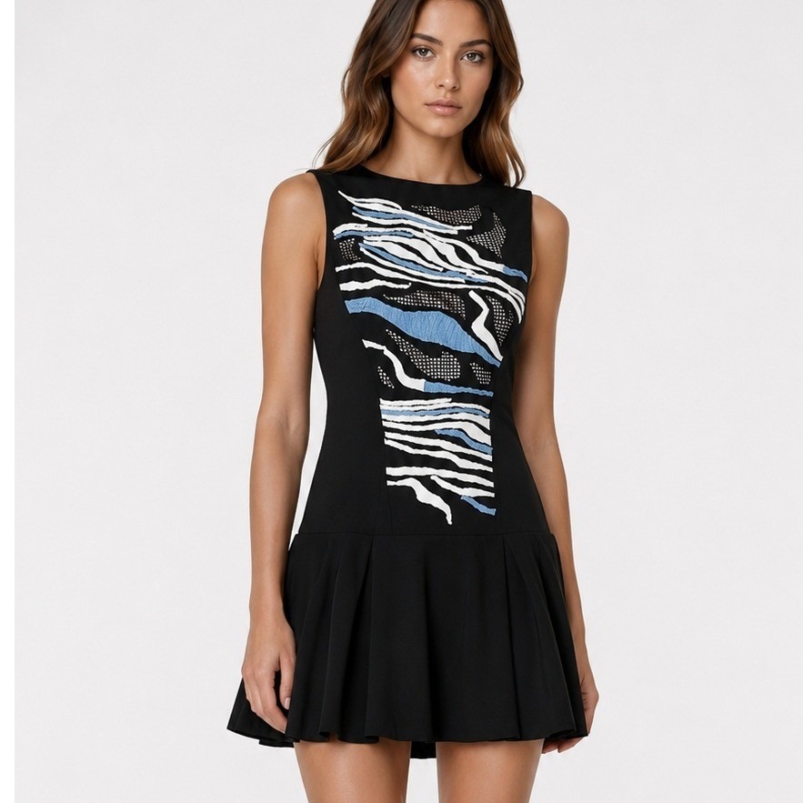 Tibi Sexy Size 4 Baja Black Embroidered Mini Drop Waist Dress Msrp $530